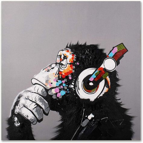 Modern Pop Art Decor - Framed - Thinking Monkey with Headphones Canvas Print Home Decor Wall Art, Gallery Wrap Inner Frame #Affiliate #Monkey #Art #Artwall #Monkey #Headphones #decor Monkey With Headphones, Headphones Art, Monkey Wall Art, Pop Art Decor, Banksy Art, Monkey Art, Art Hub, Wall Art Gallery, Modern Pop Art