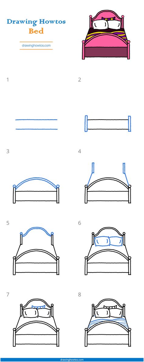 How to Draw a Bed - Step by Step Easy Drawing Guides - Drawing Howtos Bedroom Cartoon Drawing, How To Draw A Bed Step By Step, Bed Art Drawing, How To Draw A Bedroom, How To Draw A Pillow, Bed Cartoon Drawing, Bed Drawing Sketches, How To Draw A Bed, Bed Drawing Easy