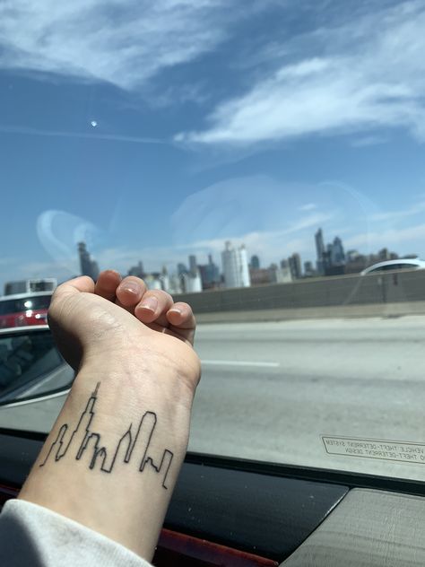 Madeline Tattoo, Chicago Skyline Tattoo, Skyline Tattoo, Chicago Tattoo, Fine Line Tattoo, Line Tattoo, Hand Tattoos For Guys, Chicago Skyline, Arm Tattoos