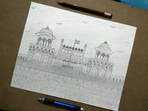 "Red fort" 😍😊  . Happy independence day to all 🇮🇳.. Here is trying to draw red fort. It's historical place of Delhi in India.  It was the main residence of the emperors of the Mughal dynasty for nearly 200 years, until 1856 Red Fort Drawing Sketch, Redfort Delhi Drawing, Red Fort Delhi Drawing, Red Fort Drawing, Fort Drawing, Agra Fort, Red Fort, Pencil Shading, Disney Art Drawings