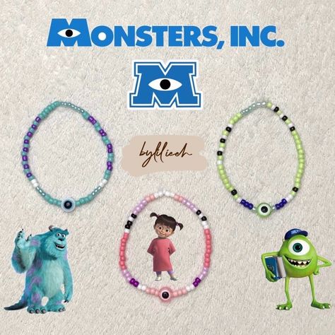 Monster Inc Bracelet, Disney Inspired Bracelets Diy, Disney Inspired Clay Bead Bracelet, Bracelet Ideas Disney, Disney Bracelet Ideas, Pony Bead Bracelets, Clay Bead Necklace, Braided Bracelet Diy, Diy Beaded Rings