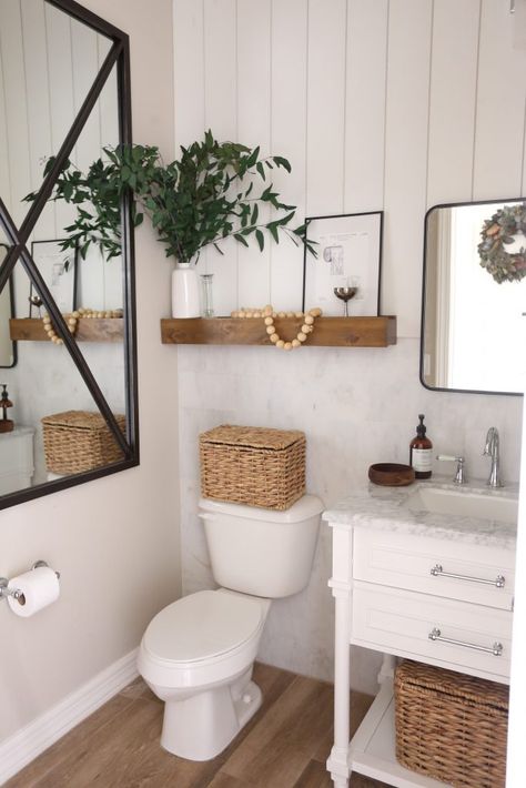 A New Powder Room with Floor & Decor | Just Destiny Boho Powder Room, Modern Farmhouse Powder Room, Farmhouse Powder Room, Farmhouse Bathroom Decor Ideas, Simple Bathroom Decor, Boho Bathroom Decor, Powder Room Decor, Restroom Decor, Floor Bathroom