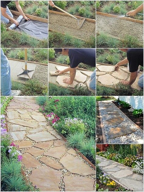 Flagstone Garden, Diy Flagstone, Slope Garden, Garden Path Lighting, Stone Garden Paths, Flagstone Path, Cheap Garden, Walkways Paths, Gravel Garden