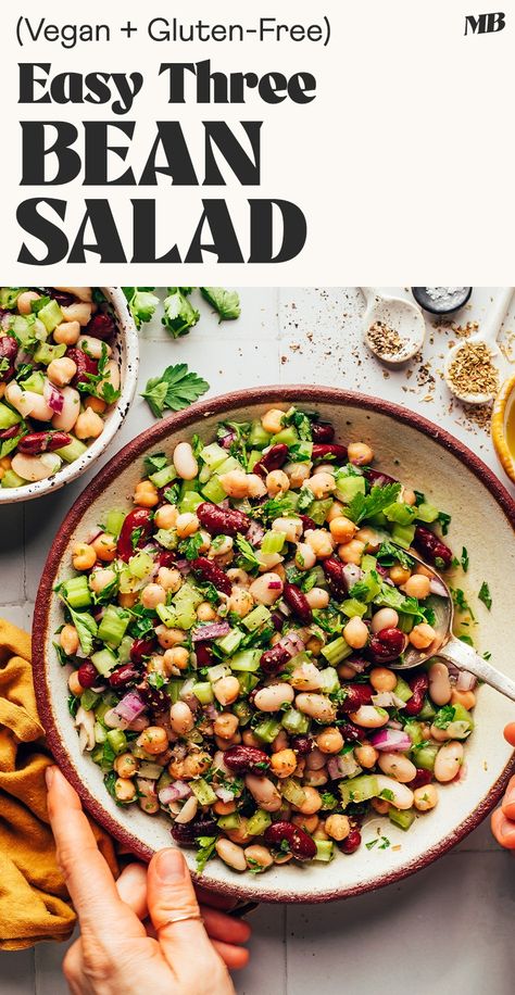 Three bean salad: a GO-TO side for summer gatherings, or anytime you’re craving an easy, fiber-packed dish! Just 10 minutes required! Vegan Bean Salad, Salad Mixes, Three Bean Salad, Bean Salad Recipes, Minimalist Baker, Mediterranean Salad, Canned Chickpeas, Bean Salad, Summer Salads