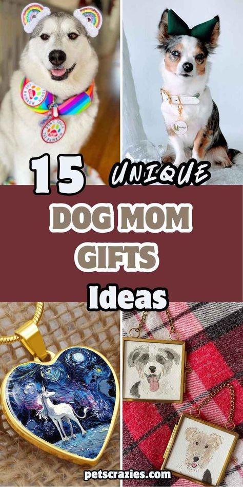 Image features 15 unique dog mom gift ideas, showcasing a range of personalized and creative items. The text "15 Unique Dog Mom Gift Ideas" is displayed in bold fonts. These gifts include custom jewelry with dog themes, heart-shaped pendants, dog portraits in frames, and more. The collection is designed to provide thoughtful and meaningful gifts for dog lovers, combining personalization with style, making it perfect for any dog mom who loves her furry friend. Dog Mom Mothers Day Gift Ideas Diy, Diy Dog Mom Gifts, Mom Gifts Ideas, Diy Dog Gifts, Fun Gift Ideas, Dog Themed Gifts, Mom Gift Ideas, Gifts To Make, Puppy Gifts