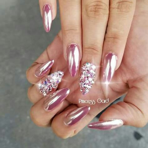 Pink chrome and Diamond bling Chrome And Diamond Nails, Chrome And Rhinestone Nails, Pink Nails With Chrome And Glitter, Pink Chrome Birthday Nails, Pink Chrome Nails With Rhinestones, Pink 3d Chrome Nails, Silver Chrome On Pink Nails, Pink Chrome Nails, Chrome Nails Designs