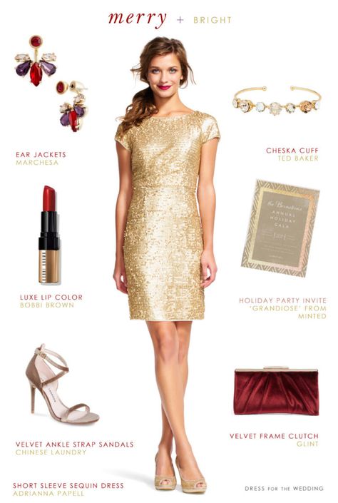 Short Sleeve Gold Sequin Dress Gold Sequin Dress Accessories, Gold Sequin Dress Outfit, Gold Sequin Dress Short, Metallic Bridesmaid Dresses, Dress For The Wedding, Winter Bridesmaids, Winter Bridesmaid Dresses, Winter Party Outfit, Glitter Wedding Dress