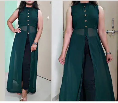 Front Cut Kurti Design, Front Open Kurti Designs, Long Kurti With Skirt, Front Cut Kurti, Trendy Kurti, Simple Kurta, Cotton Tops Designs, Silk Kurti Designs, Lehenga Crop Top