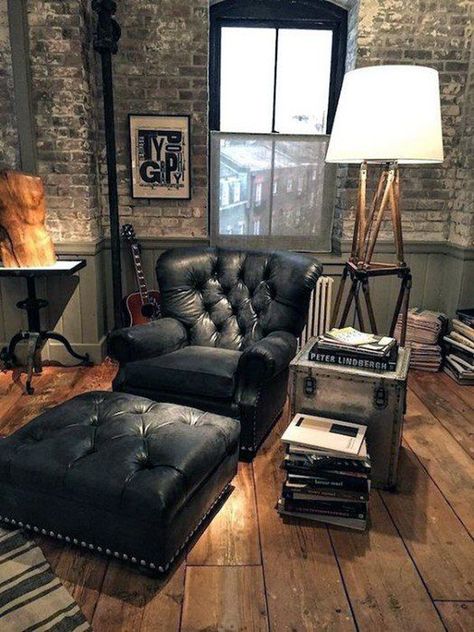 45 Bachelor Pad Decor Ideas With Masculine Accents | Home Design And Interior Bachelor Pad Decor, Masculine Interior, Man Cave Room, Loft Interior, Man Room, Bachelor Pad, Trendy Home, Basement Ideas, Home Office Design