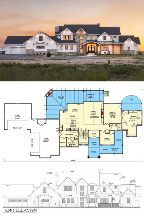 Farmhouse Layout, Bedroom Transitional, Farmhouse Transitional, Transitional Farmhouse, Farmhouse Floor Plans, Garage Floor Plans, Quaint Cottage, Rustic Home Design, Large Family Rooms