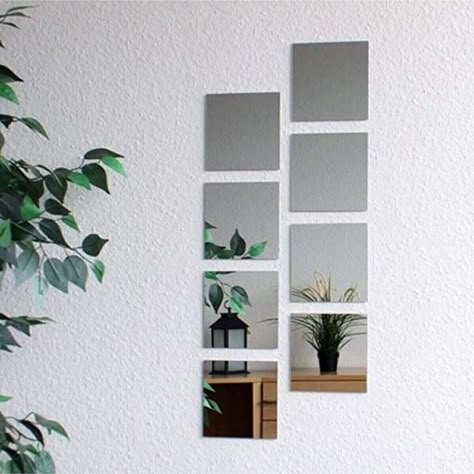 Small Square Mirrors On Wall, 4 Square Mirrors On Wall Decor, Squared Mirrors On Wall, Mirror Tiles On Wall, Multiple Mirrors On Wall, Square Mirror Decor, Square Mirror Ideas, Mirror Wall Ideas, Square Mirror Wall Decor