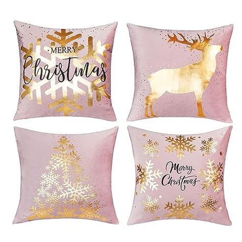 ONWAY Pink Gold Christmas Decorations Throw Pillow Covers 18x18 Set of 4 Snowflakes Reindeer Decorative Cushion Cases Xmas Golden Decor for Couch Sofa Bedroom Pink Gold Christmas, Black Christmas Decorations, Rose Gold Christmas Decorations, Xmas Pillows, Chic Christmas Decor, Golden Decor, Gold Throw Pillows, Pillow Party, Rose Gold Christmas