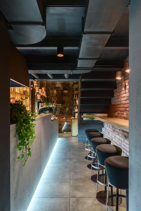 https://www.behance.net/gallery/58902183/TAKAVA-coffee-buffet Cafe Bar Stools, Modern Coffee Shop, Small Coffee Shop, Hidden Lighting, Wood Facade, Small Restaurant, Modern Cafe, Coffee Shops Interior, Warm Interior