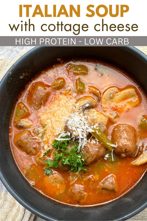 Tomato based, Italian chicken sausage with grated parmesan on top. Italian Chicken Sausage Soup, Soup With Cottage Cheese, Chicken Sausage Soup, Cottage Cheese Recipes Healthy, Sausage Parmesan, Creamy Italian Chicken, Italian Chicken Sausage, Protein Lunch, Cottage Cheese Recipes