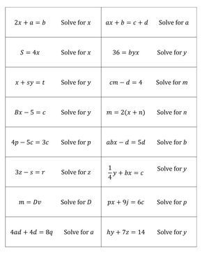 Recently, I reached out to the MTBoS looking for fun ideas for practicing solving literal equations.  I had searched pretty thoroughly to find any pre-existing activities on the internet, but there… Equations Notes, Algebra 2 Worksheets, Literal Equations, Algebra Formulas, Solving Quadratic Equations, Solving Linear Equations, Algebra Equations, School Algebra, Algebra Worksheets