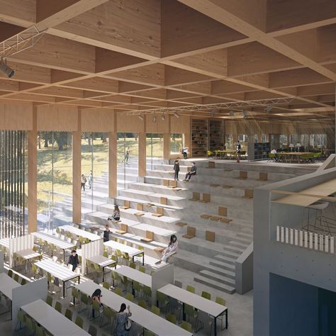 Henning Larsen on Instagram: “The community building of Campus Ås will be a central and natural meeting point for students, staff, and visitors and will contain a…” Student Campus Architecture, Henning Larsen Architecture, Community Space Architecture, Architecture Innovation, Community Space Design, Reading Rooms, Henning Larsen, Campus Design, Timber Architecture