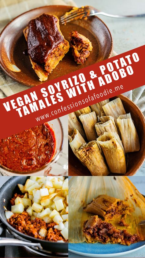 Easy Vegan Soyrizo and Potato Tamales with Adobo Vegetarian Tamales Recipe, Potato Tamales, Tamales Recipe Vegan, Vegan Tamales Filling, Veggie Tamales, Tamales Recipe Vegetarian, Soyrizo Recipes, Vegan Tamales Recipe, Vegetarian Tamales