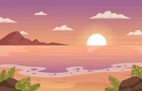 Japanese Beach Aesthetic, Beach Cartoon Background, Penguin Animation, Cartoon Sunset, Sunset Cartoon, Animated Scenery, Scenery Clipart, Cartoon Scenery, Wallpapers Sunset