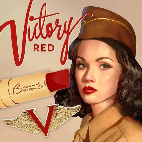 ITS BACK! Our Limited Edition 1941 Victory Red with Victory Pin will be available tomorrow November 3rd on our site at 6am PST. This is a limited run. Only 3 per order. Remember a portion of the price goes to benefit Hope For The Warriors! Out of the U.S.? This limited edition set will be sold with CultBeauty.co.uk in the next two weeks! 40s Makeup, 1940s Makeup, Vintage Makeup Ads, Besame Cosmetics, Makeup Ads, Make Up Inspo, Vintage Makeup, Red Lipstick, The Military