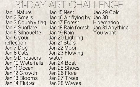 31- Day  Art Challenge JANUARY January Drawing Challenge 2023, January Drawing Challenge 2024, 31 Day Art Challenge, Day Art Challenge, Monthly Ideas, January Art, 30 Day Art Challenge, Art Journal Challenge, Reading List Challenge