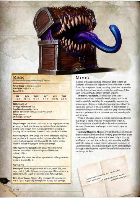 Mimic Dnd, Dnd Languages, Stat Block, Roll For Initiative, Monster Manual, Dnd Stats, Dnd Stories, Dungeon Master's Guide, Dnd Races