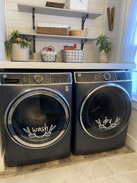 Navy GE washer / dryer, shiplap walls Sapphire Blue Washer And Dryer Laundry Room, Dark Blue Washer And Dryer Laundry Room, Laundry Room Ideas Blue Washer And Dryer, Blue Washer Dryer Laundry Room, Small Laundry Room With Pedestal Washer Dryer, Dark Washing Machine Laundry Room, Navy Blue Washer And Dryer, Navy Blue Washer And Dryer Laundry Room, Laundry Room Blue Washer And Dryer