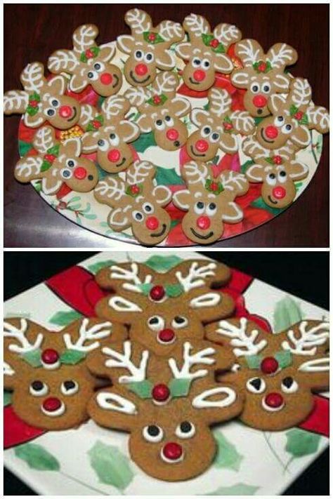 Turn gingerbread men upside down & decorate like Rudolph! Gingerbread Reindeer, Deco Fruit, Amazing Food Hacks, Cookies Gingerbread, Reindeer Cookies, Man Cookies, Gingerbread Man Cookies, Frozen Pizza, Christmas Cookies Decorated