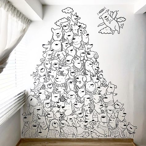 Dog Wall Painting, 3doodler Ideas, Mindful Doodling, Doodle Art Wall, Doodle Mural, Cafe Mural, Instagram Mural, Playroom Mural, Doodle Wall