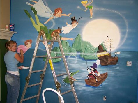 Window Painting Christmas, Holiday Window Painting, Contemporary Wildlife Art, Peter Pan Art, Peter Pan Nursery, Wall Drawings, Christmas Window Painting, Disney Room Decor, Mural Artist