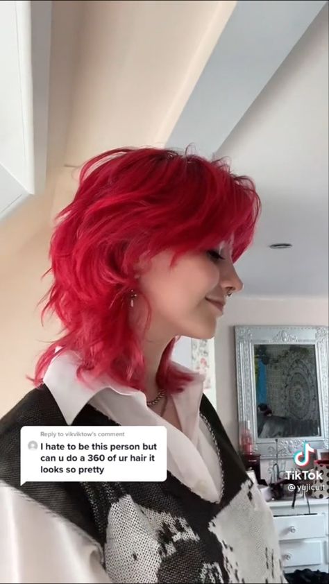 How To Style Red Hair, Wolfcut Nonbinary, Red Pinkish Hair, Red Fluffy Hair, Mullet Shag Hairstyle Women, Haircuts Red Hair, Fox Cut Hair, Red Layered Hair, Pinkish Red Hair