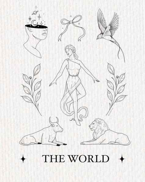 The World Tarot Tattoo, The World Tarot Card, The World Tarot, Tarot Tattoo, Original Tattoos, Dainty Tattoos, Fine Line Tattoos, Flash Tattoo, Tarot Cards