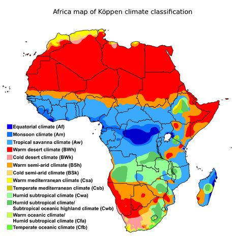 Climate zones of Africa, showing the ecological break between the hot desert climate of North Africa and the Horn of Africa (red), the hot semi-arid climate of the Sahel and areas surrounding deserts (orange) and the tropical climate of Central and Western Africa (blue). Southern Africa has a transition to semi-tropical or temperate climates (green), and more desert or semi-arid regions, centered on Namibia and Botswana. Cold Deserts, Tropic Of Capricorn, Desert Climate, Climate Zones, Physical Geography, Geography Lessons, Les Continents, Weather And Climate, Africa Map