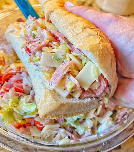 Italian Sub Chop Sandwiches - The Tipsy Housewife Pool Party Main Dish, Tik Tok Sandwich Recipe, The Tipsy Housewife Recipes, Cookout Food Ideas, Hoagie Dip, Housewife Recipes, Italian Sandwich Recipes, Hoagie Sandwiches, The Tipsy Housewife