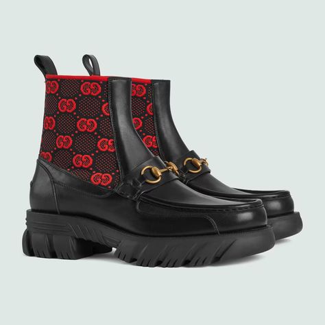 Men's GG jersey boot with Horsebit in black leather | GUCCI® US Designer Winter Boots, Gucci Shop, Shoes Gucci, Ankle Boots Men, Gucci Horsebit, Mens Designer Shoes, Gucci Men Shoes, Men Fashion Casual Outfits, Boots Ankle