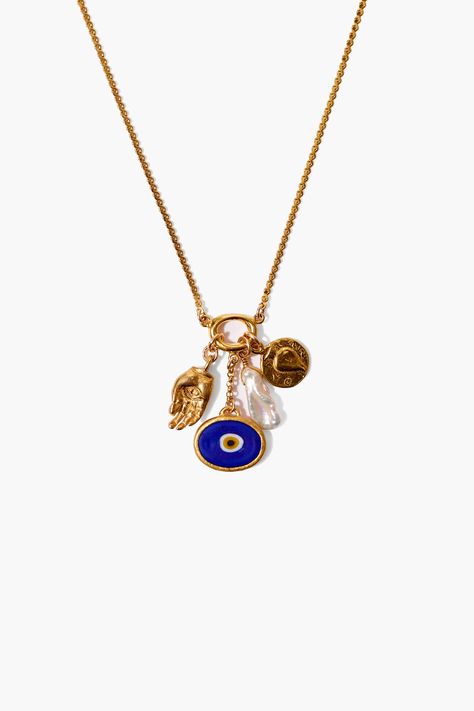 This symbolic gold necklace features our signature hamsa, white freshwater pearl, and traditional Turkish hand-rolled blue evil eye charms.18k gold plated sterling silver.17" - 19" Adjustable.Handmade in Vietnam. Evil Eye Necklace Gold, Hamsa Necklace, Blue Evil Eye, Funky Jewelry, White Freshwater Pearl, Evil Eye Charm, Chan Luu, Evil Eye Necklace, Jewelry Inspo