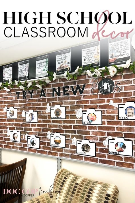 Looking for inspiration to decorate your high school classroom? Look no further! Tour my high school English flexible seating classroom with links to decor and setup items, and explanations for my creative process, teacher desks, and bulletin boards . Make decorating meaningful and functional! High School English Classroom Decor, Teacher Desks, High School Classroom Decor, High School Bulletin Boards, School Classroom Decor, English Classroom Decor, Flexible Seating Classroom, High School English Classroom, Classroom Decor High School