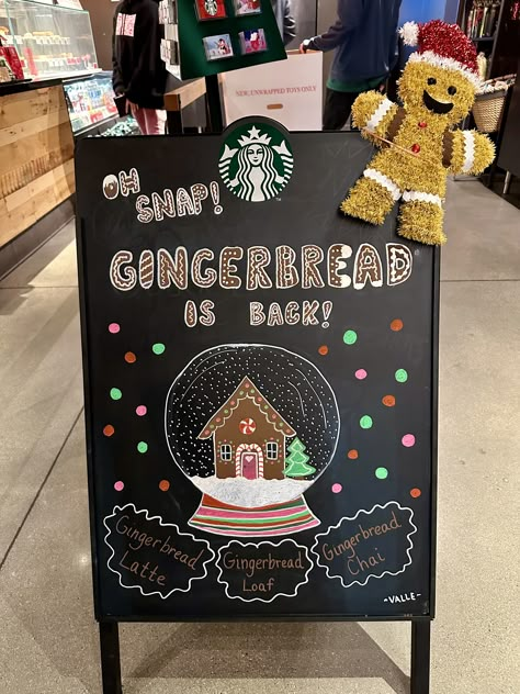 Created for my store for the new gingerbread flavor Gingerbread Chalkboard Ideas, Starbucks Christmas Board Ideas, Christmas Coffee Shop Signs, Holiday Coffee Shop Signs, Starbucks Christmas Chalkboard, Starbucks Holiday Chalkboard Art, Starbucks Signs Chalk Christmas, Starbucks Drawing, Sidewalk Chalkboard Sign