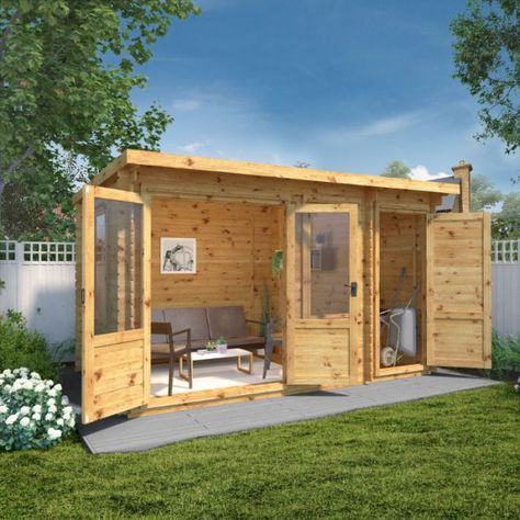 Adley 4.1m x 2.4m Hereford Log Cabin With Side Shed Log Cabin Garden, Compact Garden, Garden Log Cabins, Insulated Garden Room, Creation Station, Modern Flat, Garden Living, Garden Buildings, Comfy Chairs