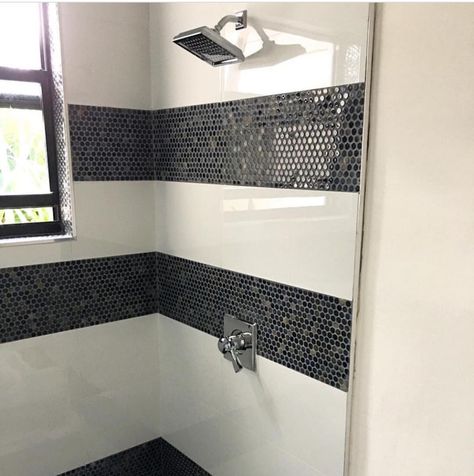 Black & White. Shower deco band. Penny tile with large white gloss tile. White Penny Tile Bathroom, Black Penny Tile, Retro Bathroom Ideas, Penny Tiles Bathroom, White Herringbone Tile, Accent Tiles, Farmhouse Shower, Bathroom Laundry Room, Timeless Bathroom