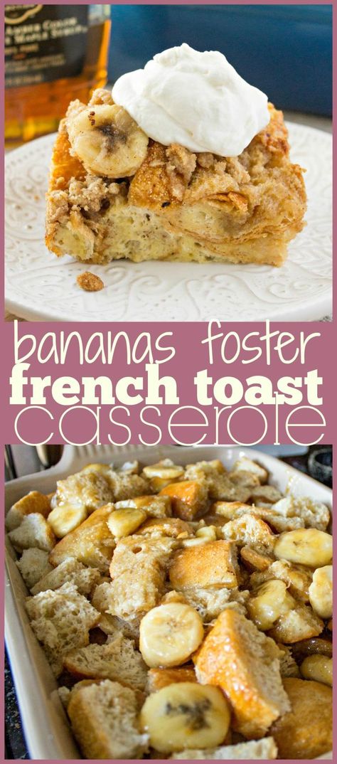 Bananas Foster French Toast Casserole- A yummy breakfast casserole made with french bread, custard, and caramelized bananas and topped with a crunchy crumb topping. Perfect for holiday breakfasts and brunch! Bread Custard, Easy Easter Brunch, Bananas Foster French Toast, Banana French Toast, French Toast Casserole Recipes, French Toast Breakfast, Toast Casserole, Caramelized Bananas, Bananas Foster