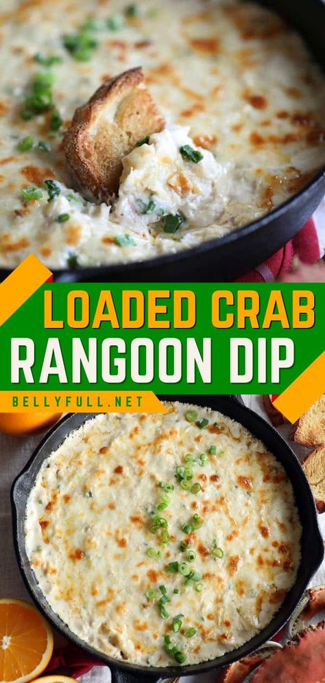 Learn how to make Crab Rangoon Dip! It's an easy game day appetizer. Loaded with a killer cream cheese mixture, this hot dip is sure to become one of your favorite Super Bowl party food ideas! Save this big game recipe! Dips Savory, Rangoon Dip, Chinese Appetizers, Crab Rangoon Dip, Seafood Dip, Hot Crab Dip, Crab Dishes, Creamy Crab, Crab Rangoon