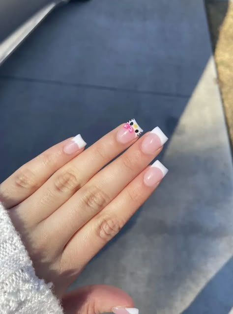 Cute Square Shaped Nails, Hello Kitty Manicure, French Tip Hello Kitty Nails, Paznokcie Hello Kitty, Kitty Nails, Girly Acrylic, Nude Nail, Colored Acrylic Nails, Simple Acrylic Nails