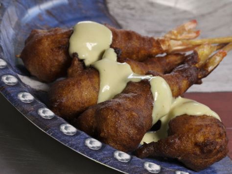 Shrimp Corn Dogs recipe from Food Network Specials via Food Network Corn Dogs Recipe, Shrimp Corn, Corndog Recipe, Fire Food, Corn Dog, Healthy Grilling, Holiday Foods, Food Channel, Shrimp Recipe