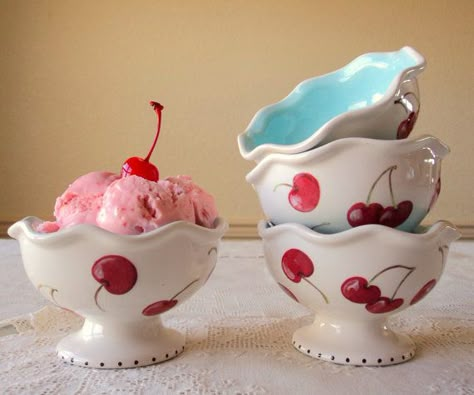 Cherry Kitchen Decor, Ice Cream Bowls, Cherry Ice Cream, Ice Cream Cups, Cherry Kitchen, Cherry Baby, Cherries Jubilee, Ice Cream Cup, Cherry Cola