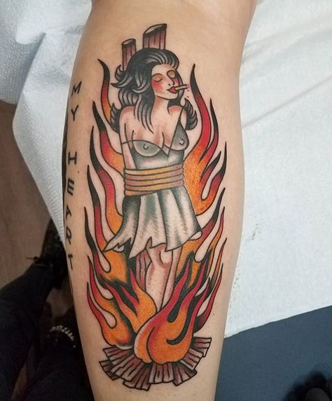 Thank you my sweet baby gurl @chelsea_bronson_ for getting this burning witch, you are a true gem 😘 #goodfaithtattoo #traditionaltattoo… Burning Witch Tattoo, Traditional Thigh Tattoo, Traditional Tattoo Halloween, Burning Witch, Traditional Tattoo Woman, Traditional Tattoo Drawings, Wizard Tattoo, Pin Up Girl Tattoo, Traditional Tattoo Inspiration