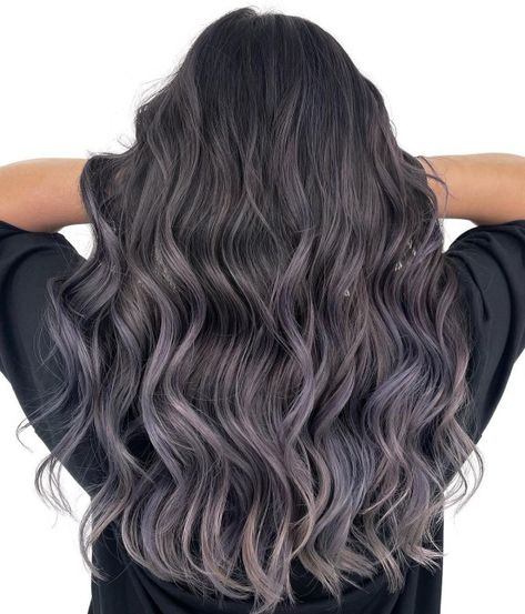 Smokey Gray Balayage for Black Hair Smokey Ash Brown Balayage, Charcoal Balayage, Ash Brown Balayage Dark, Brown Balayage Dark, Smokey Ash Brown Balayage Dark, Balayage On Black Hair, Black Hair Ideas, Black Balayage, Ash Balayage