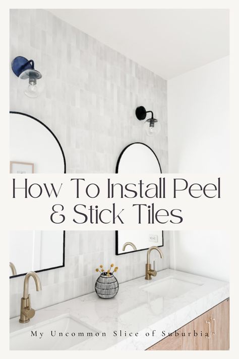 Learn the step-by-step guide on how to effortlessly install peel-and-stick tiles on your walls. Transform your space with our easy DIY instructions for a stunning, hassle-free home improvement project.#DIY#DIYHomeDecor #PeelAndStickTile #WallTiles Updating Bathroom Vanity, Eclectic Bathroom Decor, Peel And Stick Countertop, Stick On Wall Tiles, Bathroom Tile Diy, Cozy Cottage Kitchen, Peel And Stick Tiles, Guest Bathroom Decor, Vintage Bathroom Decor