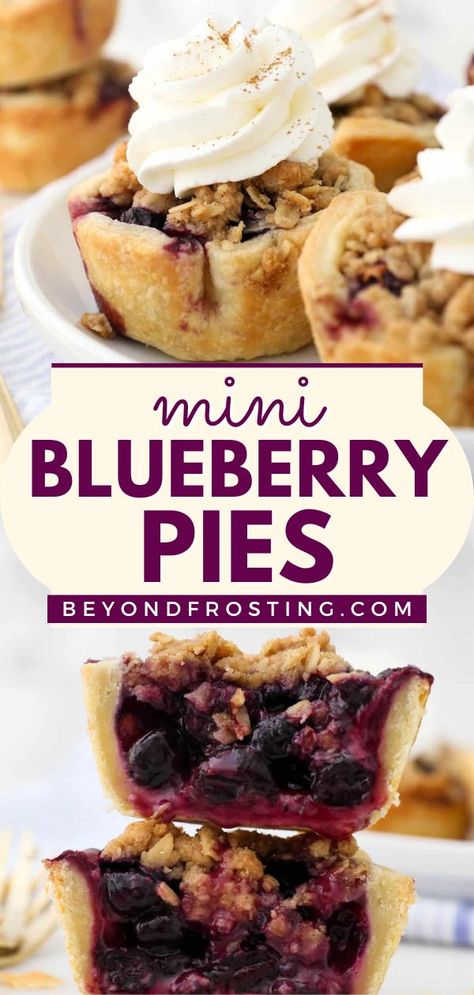 Looking for individual Thanksgiving desserts? Your dinner party must have this mini pie recipe! Baked in a muffin tin with an oatmeal and brown sugar crumble topping, these easy mini blueberry pies are flavor-packed! Muffin Tin Peach Pies, Mini Baked Pies, Mini Pie In Muffin Tin, Mini Cobblers Muffin Tins, Individual Blueberry Pies, Mini Blueberry Pies Easy, Mini Pie Pan Recipes, Mini Pies In Mini Muffin Tin, Mini Fruit Pies Easy