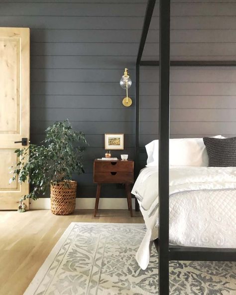 Black canopy bed outfitted in white and dark gray bedding is placed against a dark gray shiplap accent wall. A dark stained wood side table is perched next to the bed under a brass and glass sconce. Traditional Modern Bedroom, Bedroom With Canopy Bed, Bedroom With Canopy, Shiplap Bedroom, Black Canopy Bed, Gray Shiplap, Canopy Bed Frame, Shiplap Wall, Affordable Interior Design