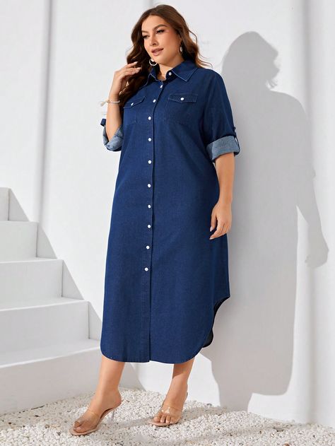 Plus Size Denim Overall Dress With Buttons Dark Wash Casual  Half Sleeve Denim Plain Shirt Non-Stretch  Women Plus Clothing, size features are:Bust: ,Length: ,Sleeve Length: Stylewe.com Fashion, Denim Fashion Women Dresses, Denim Shirt Dress Women, Dress For Plus Size Women, Casual Denim Dress, Plus Size Shirt Dress, Vestidos Jeans, Latest Dress For Women, Casual Dresses Plus Size